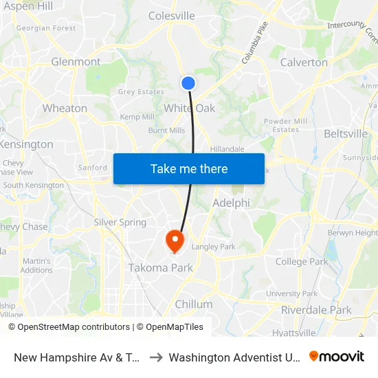 New Hampshire Av & Tanley Rd to Washington Adventist University map