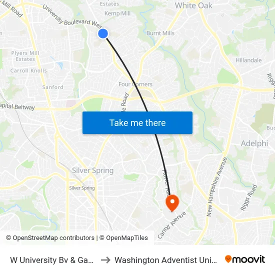 W University Bv & Gabel St to Washington Adventist University map
