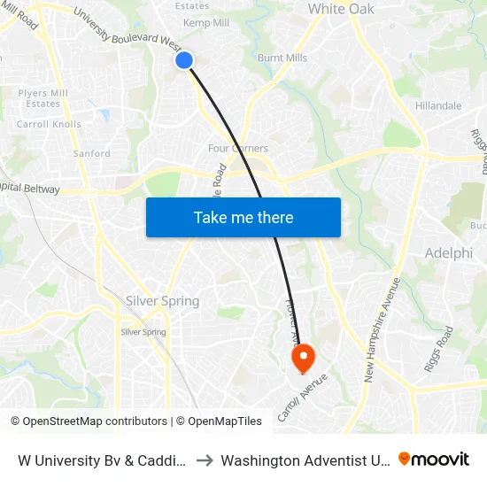 W University Bv & Caddington Av to Washington Adventist University map