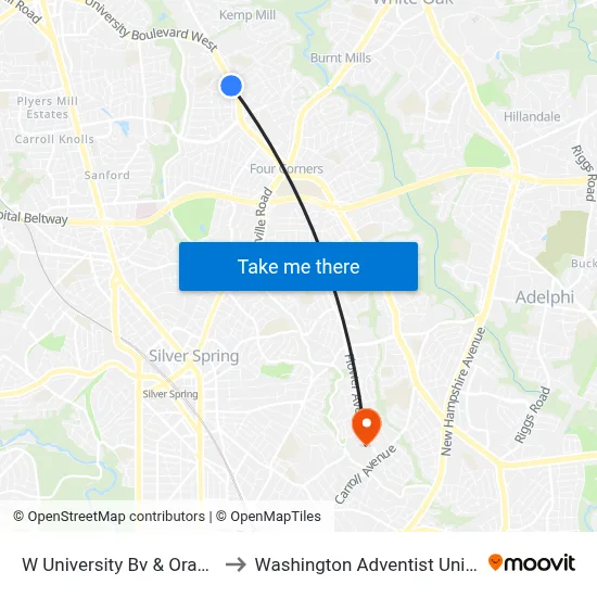 W University Bv & Orange Dr to Washington Adventist University map
