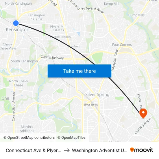 Connecticut Ave & Plyers Mill Rd to Washington Adventist University map