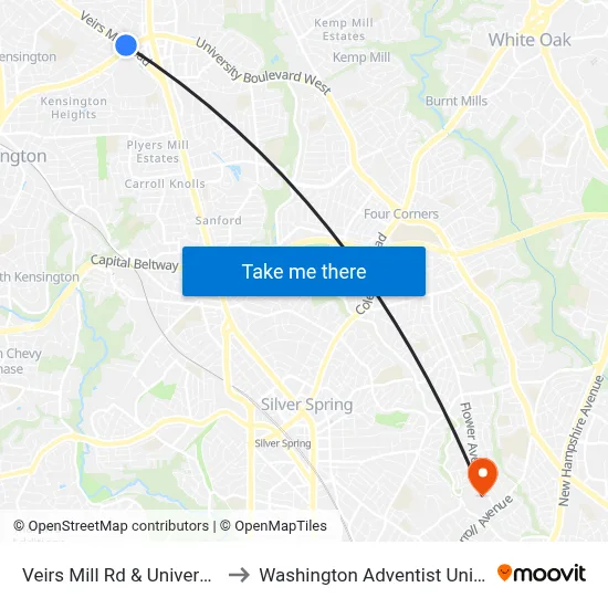 Veirs Mill Rd & University Bv to Washington Adventist University map