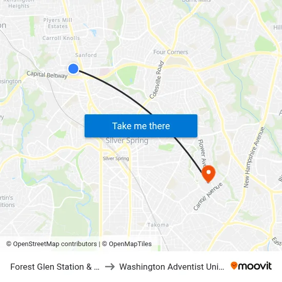 Forest Glen Station & Bay A to Washington Adventist University map