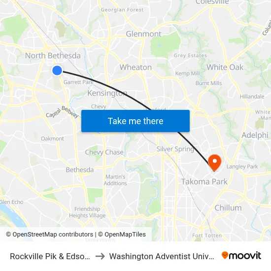 Rockville Pik & Edson La to Washington Adventist University map