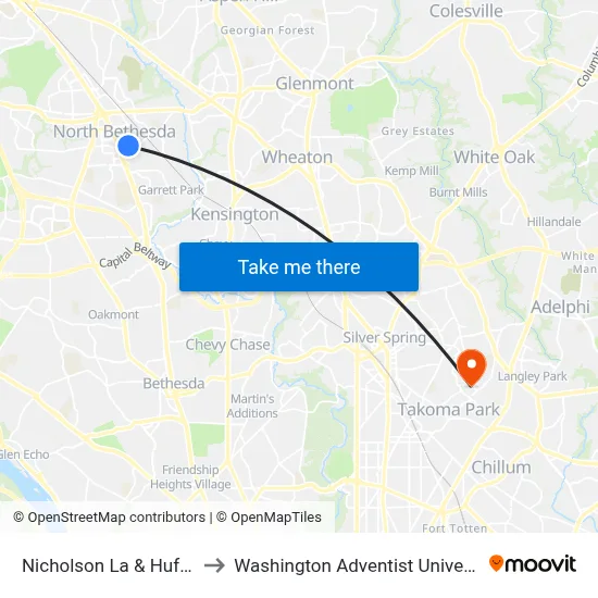 Nicholson La & Huff Ct to Washington Adventist University map
