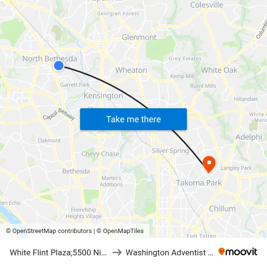 White Flint Plaza;5500 Nicholson La to Washington Adventist University map