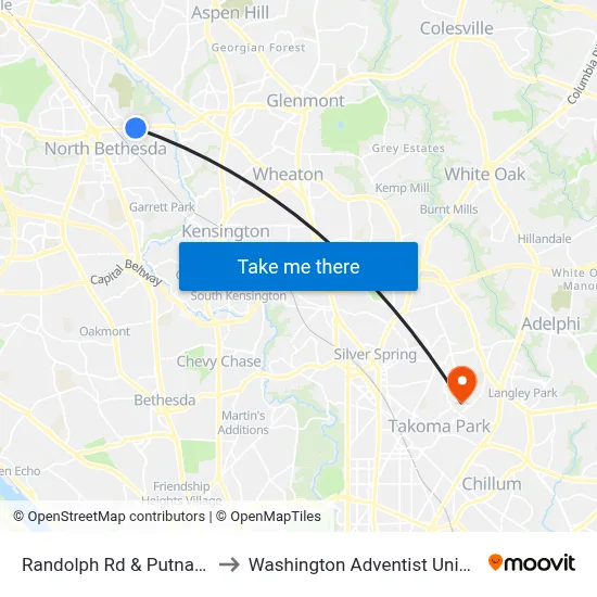 Randolph Rd & Putnam Rd to Washington Adventist University map