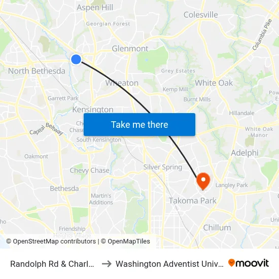 Randolph Rd & Charles Rd to Washington Adventist University map