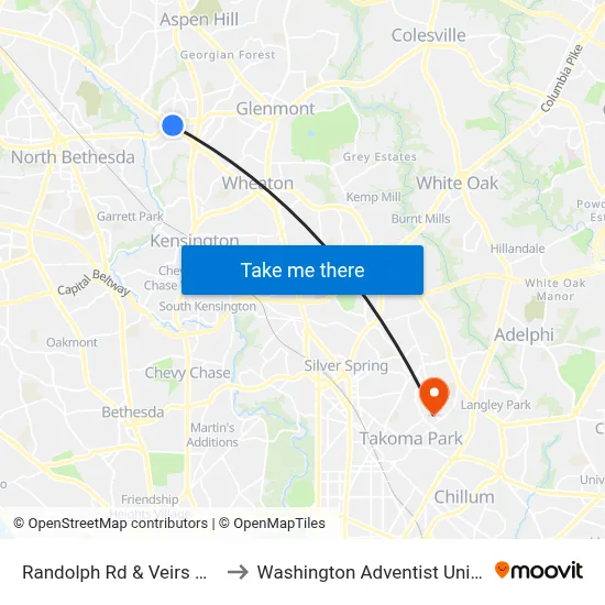 Randolph Rd & Veirs Mill Rd to Washington Adventist University map