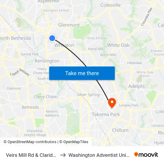 Veirs Mill Rd & Claridge Rd to Washington Adventist University map
