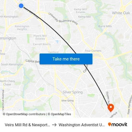 Veirs Mill Rd & Newport Mill Rd to Washington Adventist University map