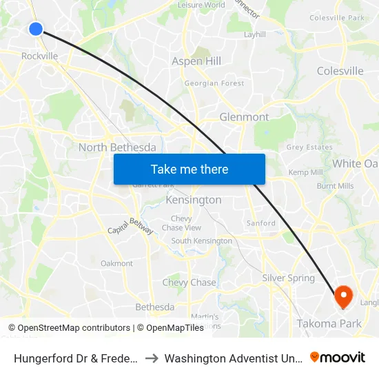 Hungerford Dr & Frederick Av to Washington Adventist University map