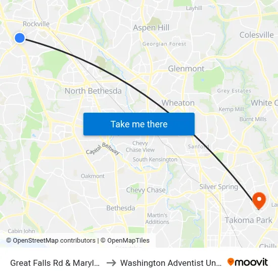 Great Falls Rd & Maryland Av to Washington Adventist University map