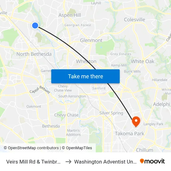 Veirs Mill Rd & Twinbrook Pw to Washington Adventist University map