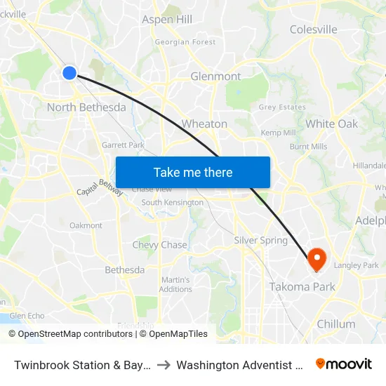 Twinbrook Station & Bay C - West to Washington Adventist University map