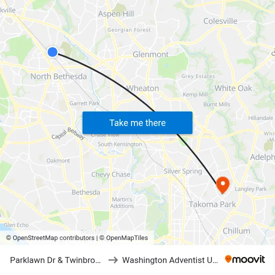 Parklawn Dr & Twinbrook Pkwy to Washington Adventist University map