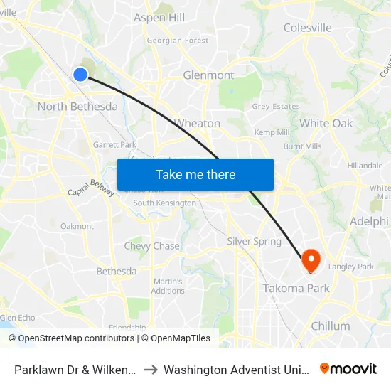 Parklawn Dr & Wilkens Ave to Washington Adventist University map