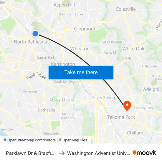 Parklawn Dr & Braxfield Ct to Washington Adventist University map