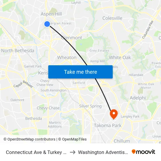 Connecticut Ave & Turkey Branch Pkwy to Washington Adventist University map