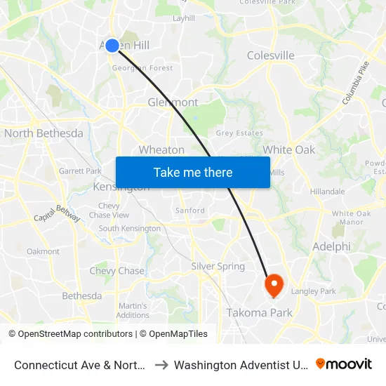 Connecticut Ave & Northgate Sc to Washington Adventist University map