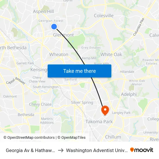 Georgia Av & Hathaway Dr to Washington Adventist University map