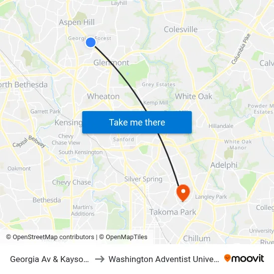 Georgia Av & Kayson St to Washington Adventist University map