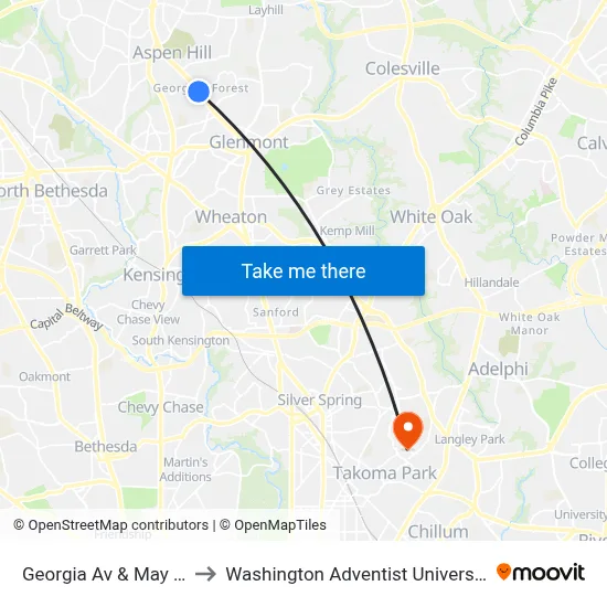 Georgia Av & May St to Washington Adventist University map
