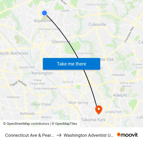 Connecticut Ave & Pear Tree Ct to Washington Adventist University map