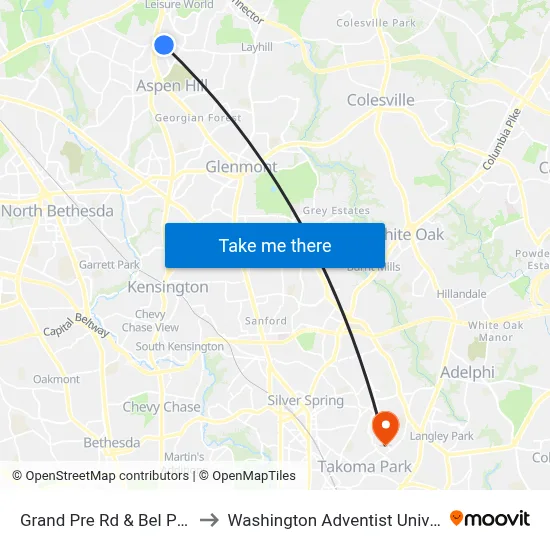 Grand Pre Rd & Bel Pre Rd to Washington Adventist University map