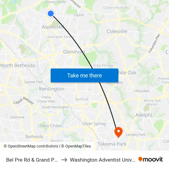 Bel Pre Rd & Grand Pre Rd to Washington Adventist University map