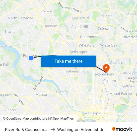 River Rd & Counselman Rd to Washington Adventist University map
