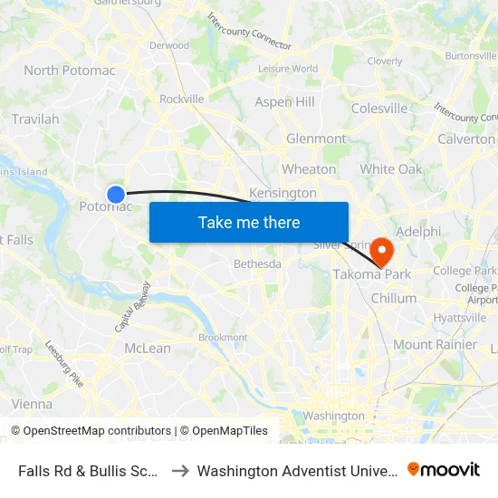 Falls Rd & Bullis School to Washington Adventist University map