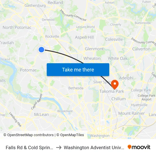 Falls Rd & Cold Spring Rd to Washington Adventist University map