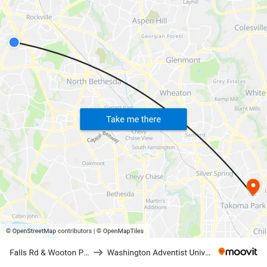 Falls Rd & Wooton Pkwy to Washington Adventist University map