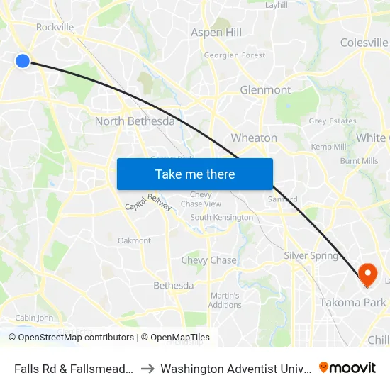 Falls Rd & Fallsmead Way to Washington Adventist University map