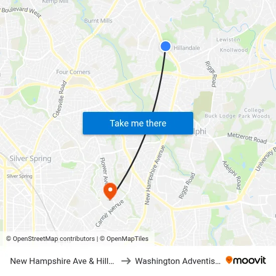 New Hampshire Ave & Hillandale Center to Washington Adventist University map