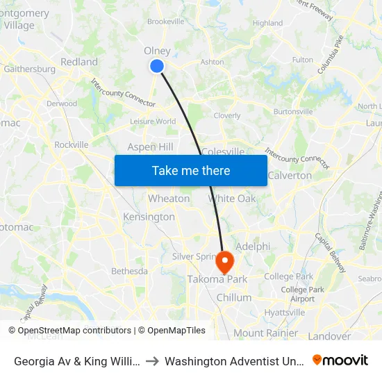 Georgia Av & King William Dr to Washington Adventist University map