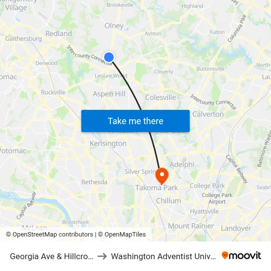 Georgia Ave & Hillcroft Dr to Washington Adventist University map