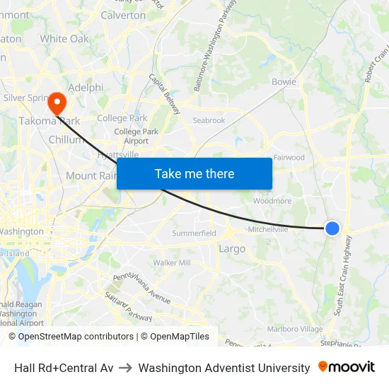 Hall Rd+Central Av to Washington Adventist University map