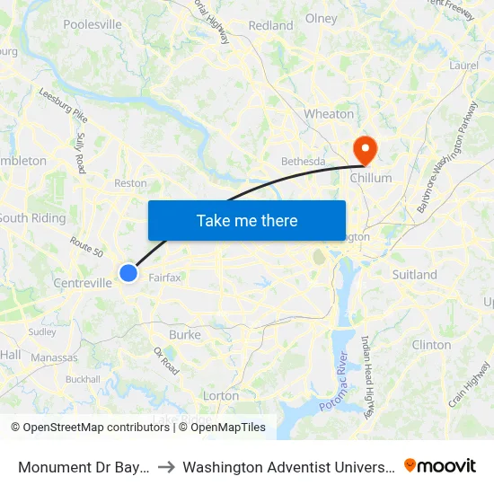 Monument Dr Bay G to Washington Adventist University map