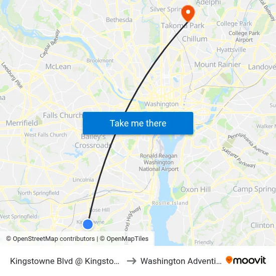 Kingstowne Blvd @ Kingstowne Town Centre to Washington Adventist University map