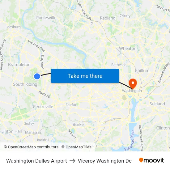 Washington Dulles Airport to Viceroy Washington Dc map