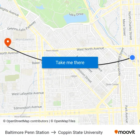 Baltimore Penn Station to Coppin State University map