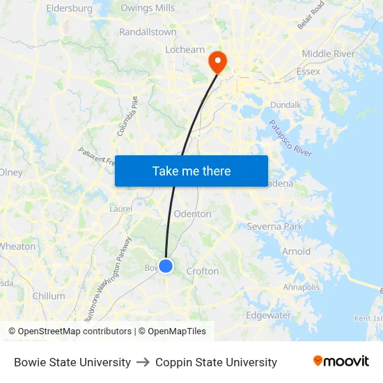 Bowie State University to Coppin State University map