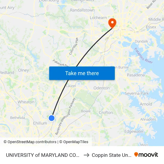 UNIVERSITY of MARYLAND COLLEGE PARK to Coppin State University map