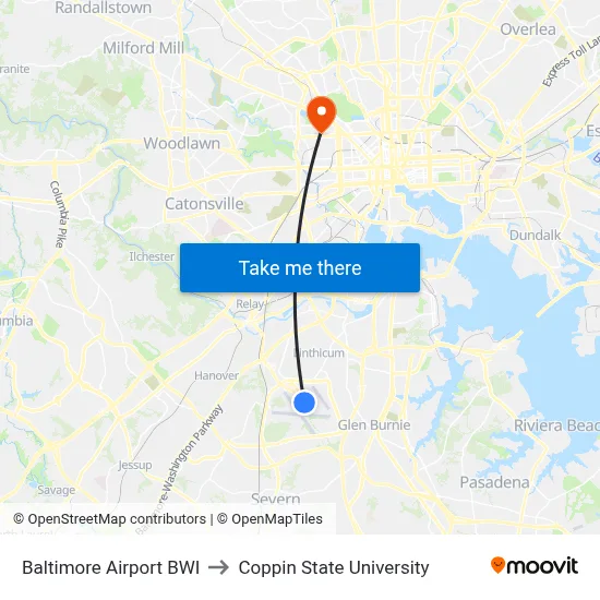 Baltimore Airport BWI to Coppin State University map