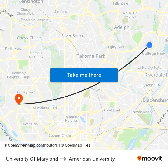 University Of Maryland to American University map