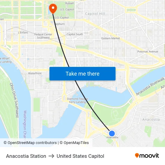 Anacostia Station to United States Capitol map