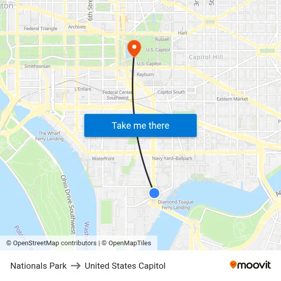 Nationals Park to United States Capitol map