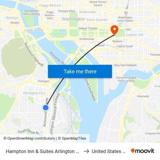 Hampton Inn & Suites Arlington Crystal City to United States Capitol map